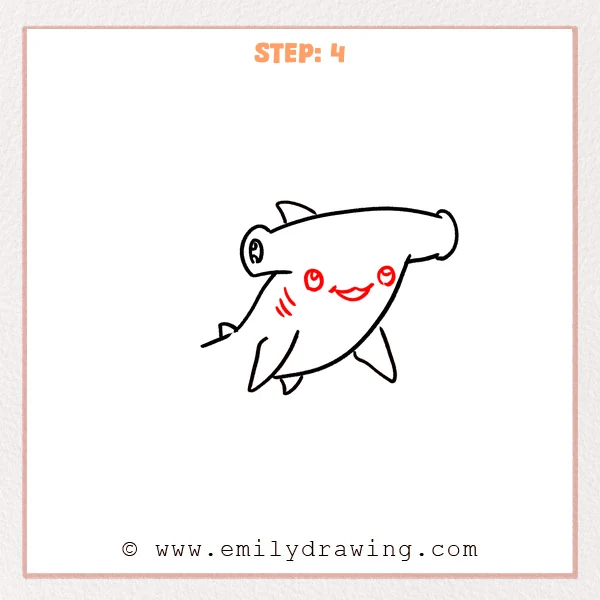 how to draw a hammerhead shark - Step 4 of a hammerhead shark drawing, adding cute eyes, a smiling mouth, and three short gill marks on the side.